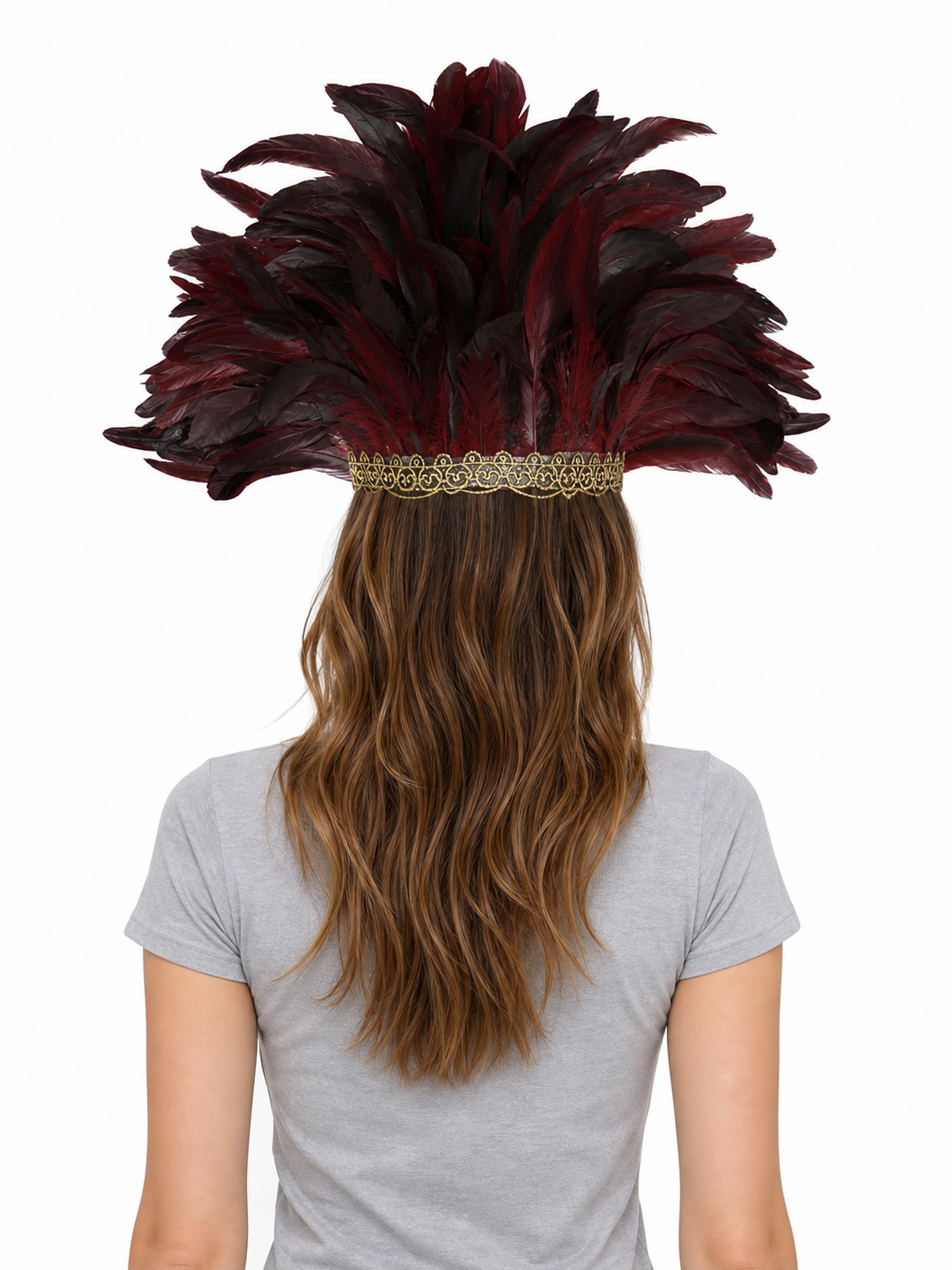 Burgundy and Black Feather Mask Headpiece product view 18