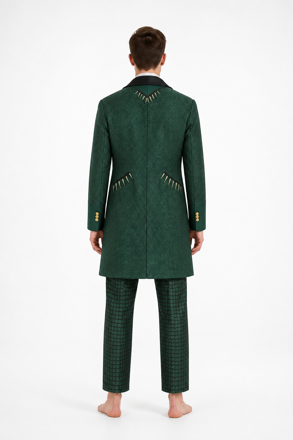 Suit set with jacket, vest, and trousers back view