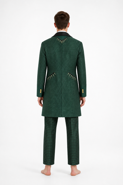 Suit set with jacket, vest, and trousers back view