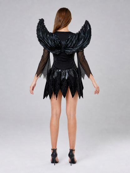 Black Angel Costume with Wings and Headband back view