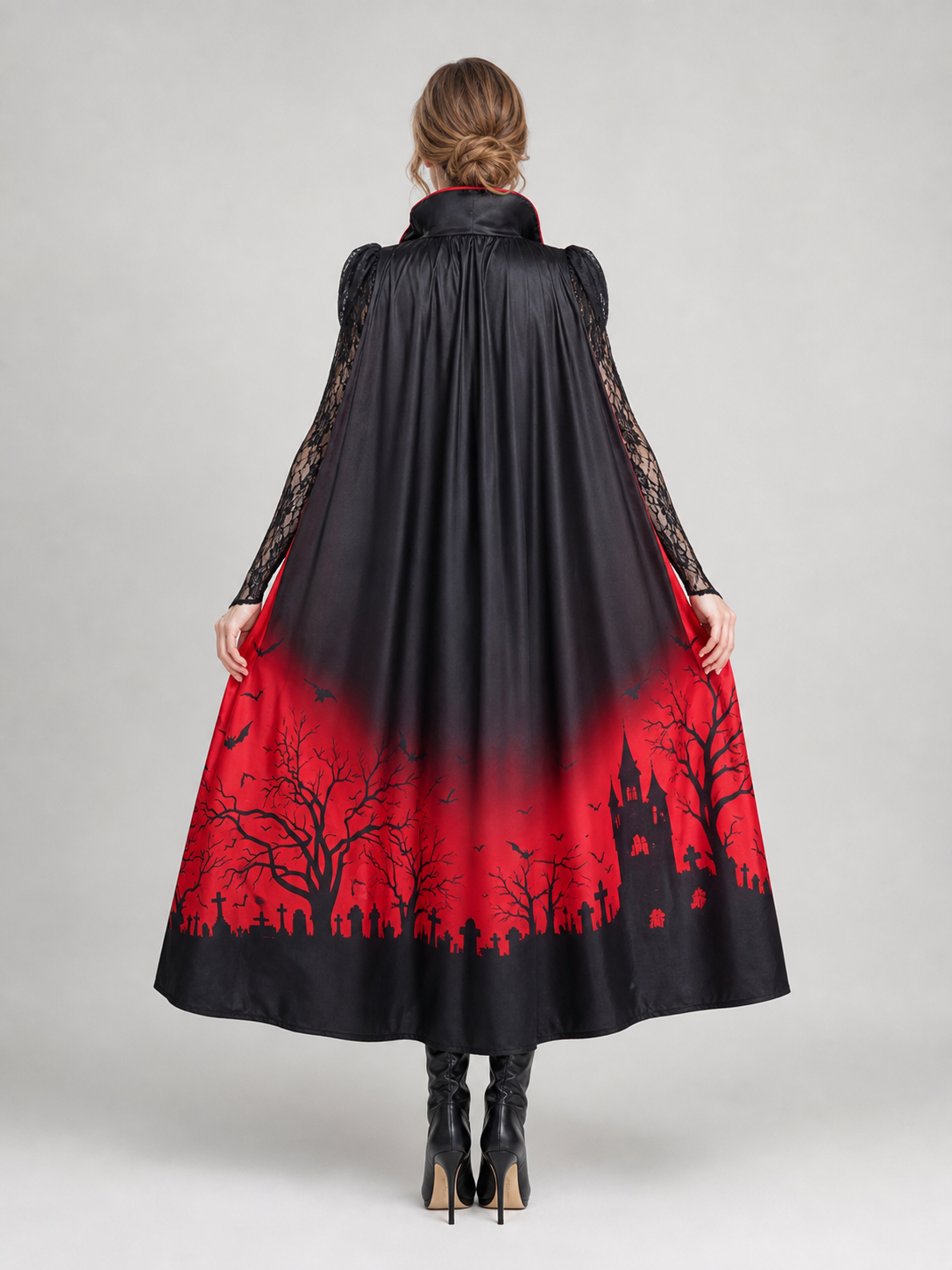 The dress is designed in a gothic style and combines a red-and-black color