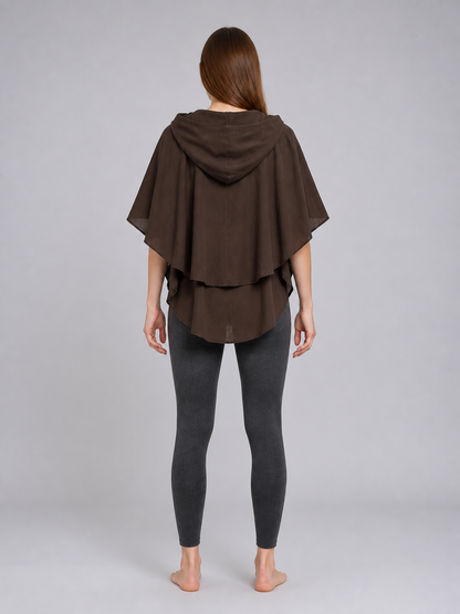 Women's Hooded Wanderer Cloak Costume with Layered Hem, Shoulder Draped Pleats