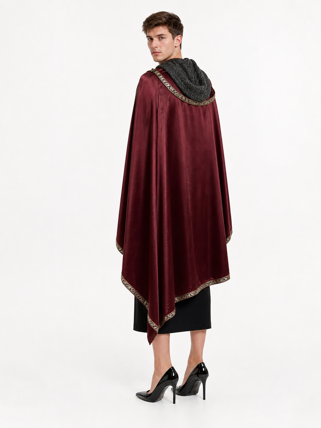 Burgundy velvet-look hooded costume cape product view 44