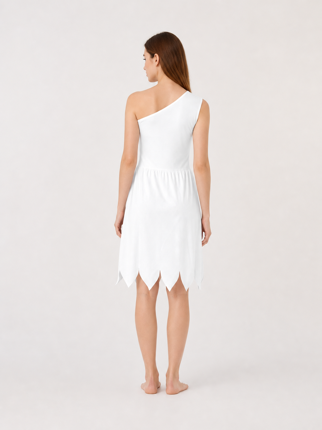 Women's White Cavewoman Costume Dress: One-Shoulder Asymmetric Neckline back view 2