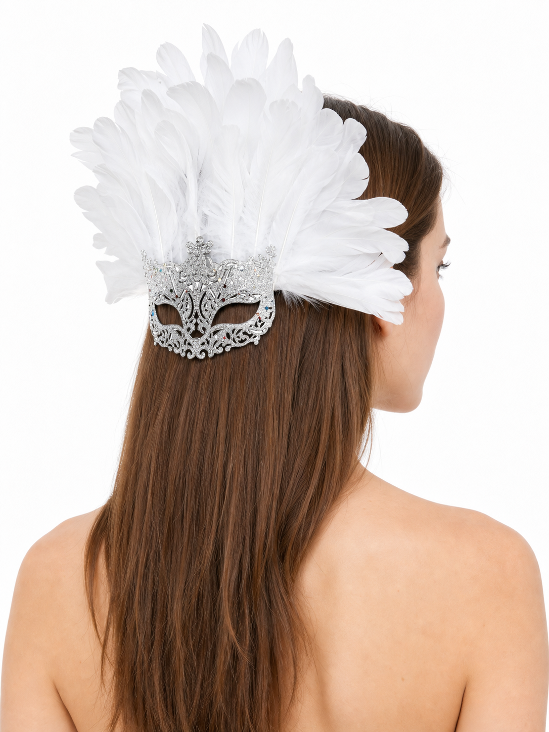 Masquerade Mask with White Feathers and Glitter