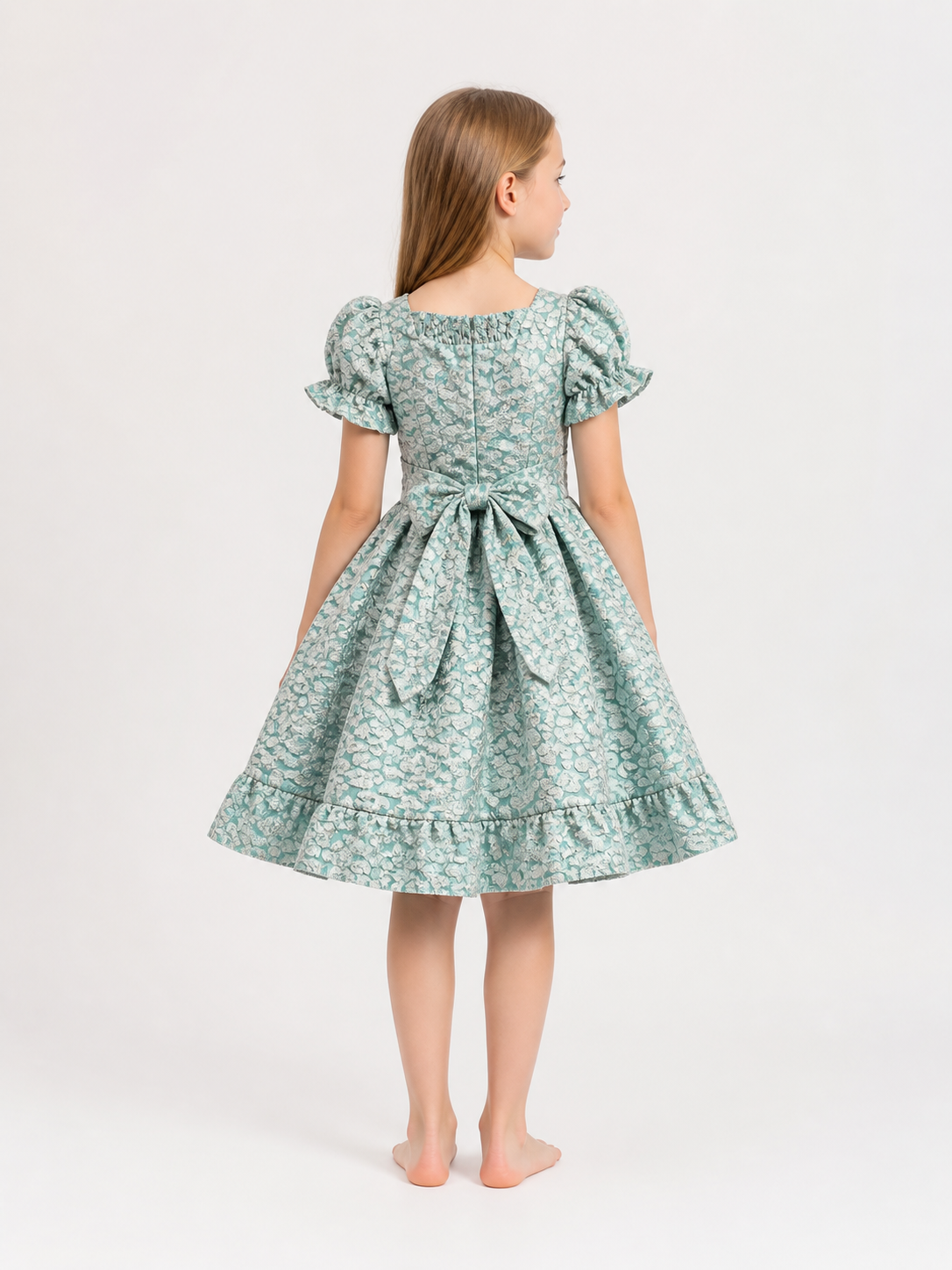 Gray-Blue Princess Dress with a Full Skirt and Bow back view
