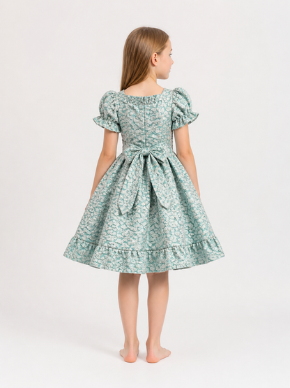 Gray-Blue Princess Dress with a Full Skirt and Bow back view