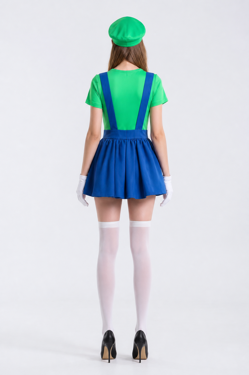 Green and Blue Luigi Costume with Hat and Gloves back view