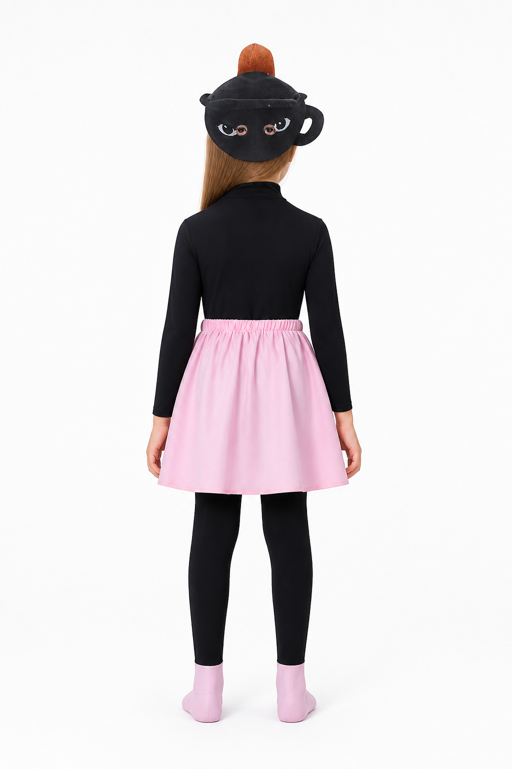 Halloween Costume: Black Jumpsuit, Pink Skirt, Mask back view