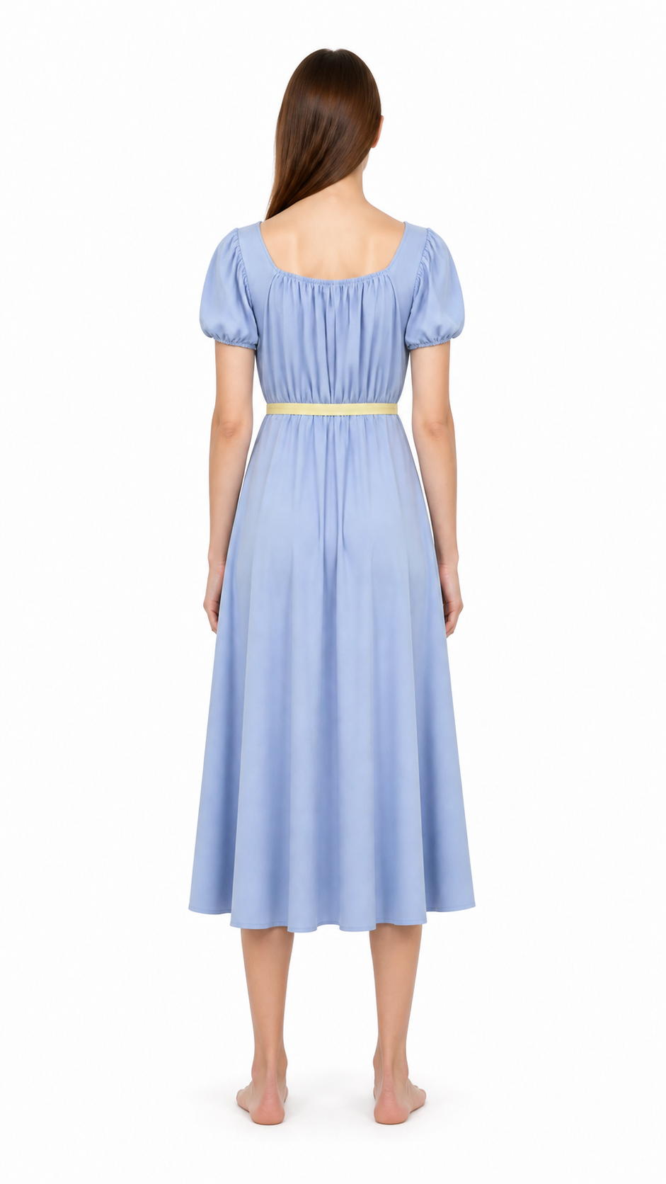 Long Dress with a Square Neckline and Puff Sleeves back view
