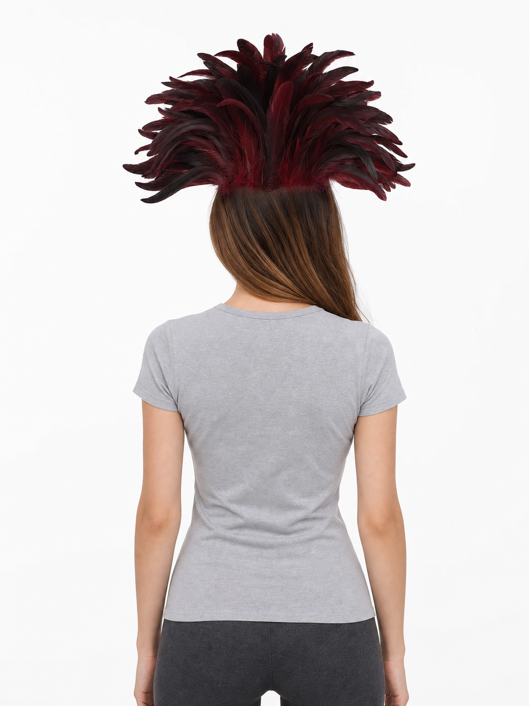 Back view of a model wearing the burgundy and black feather headpiece, shown above long brown hair and a gray shirt