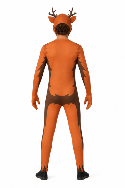 Deer Jumpsuit with Head, Antlers, and Fangs back view