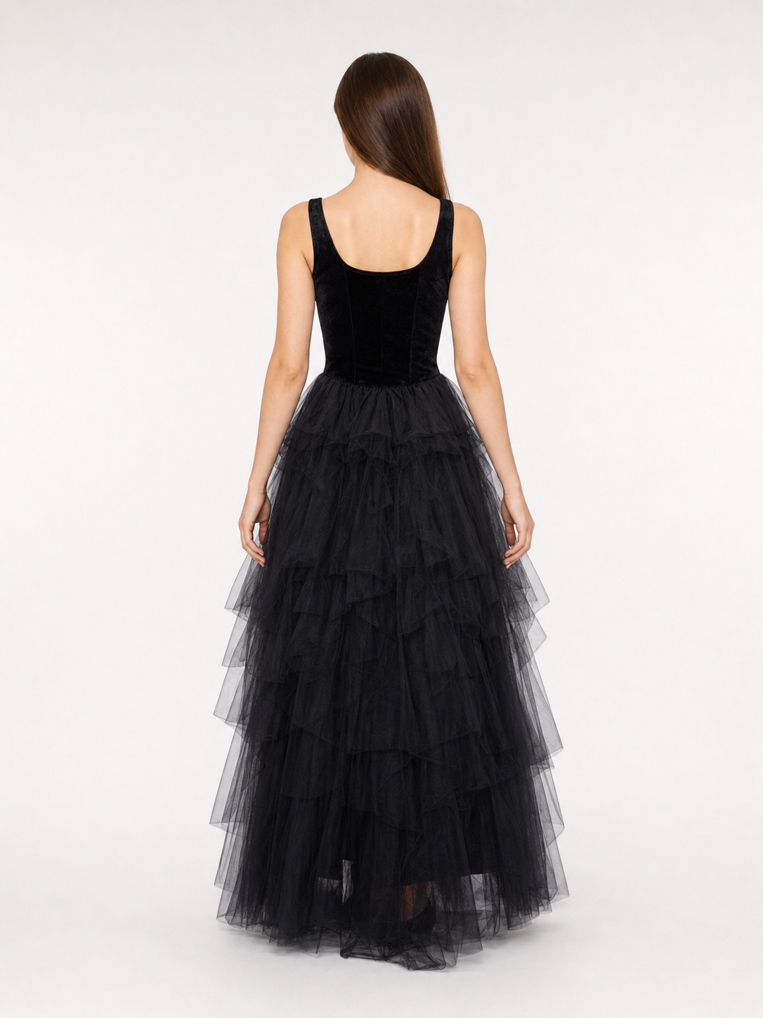 Halloween costume: black dress, hat, and gloves