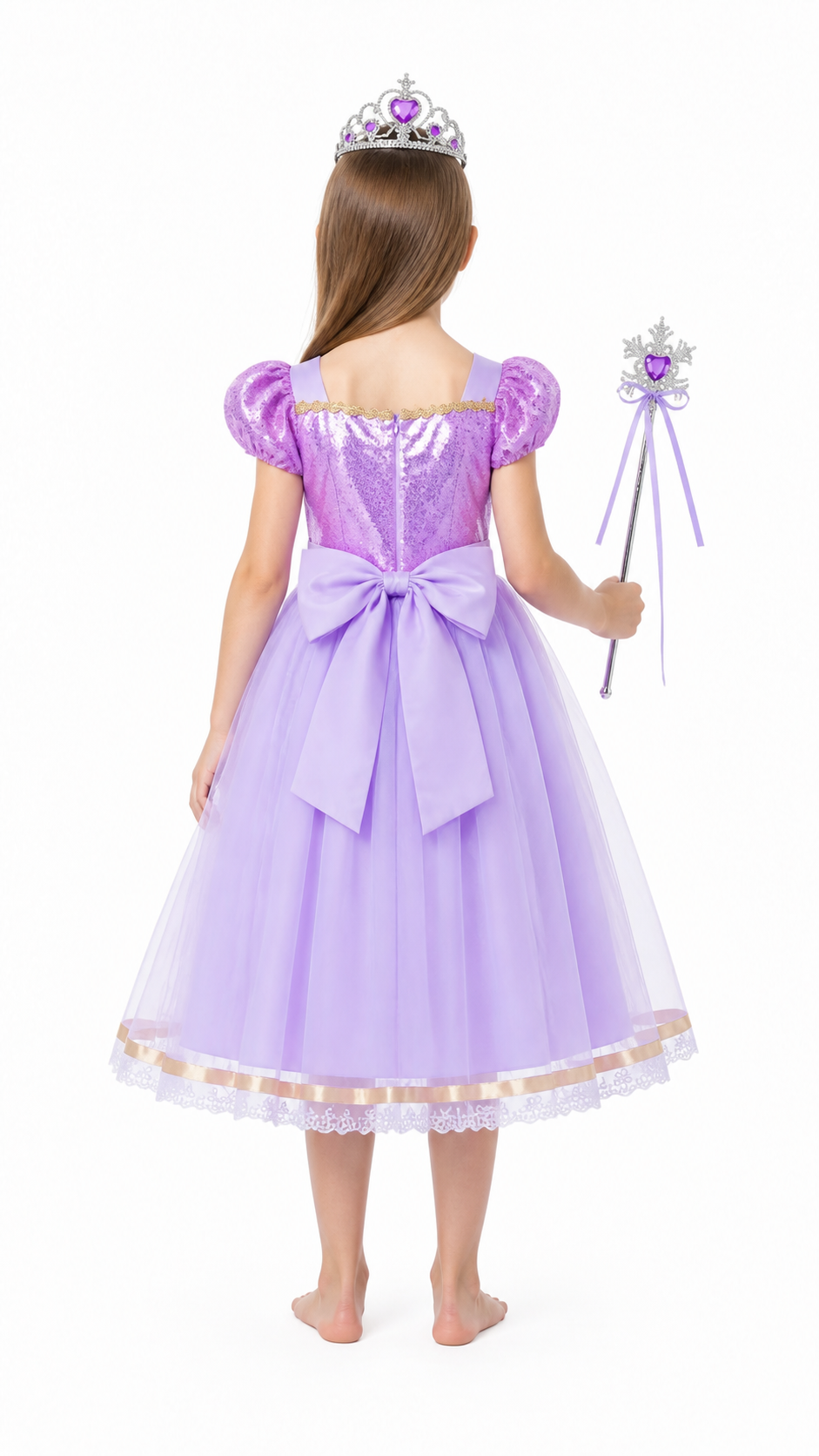 Princess Rapunzel Dress with Crown and Magic Wand back view