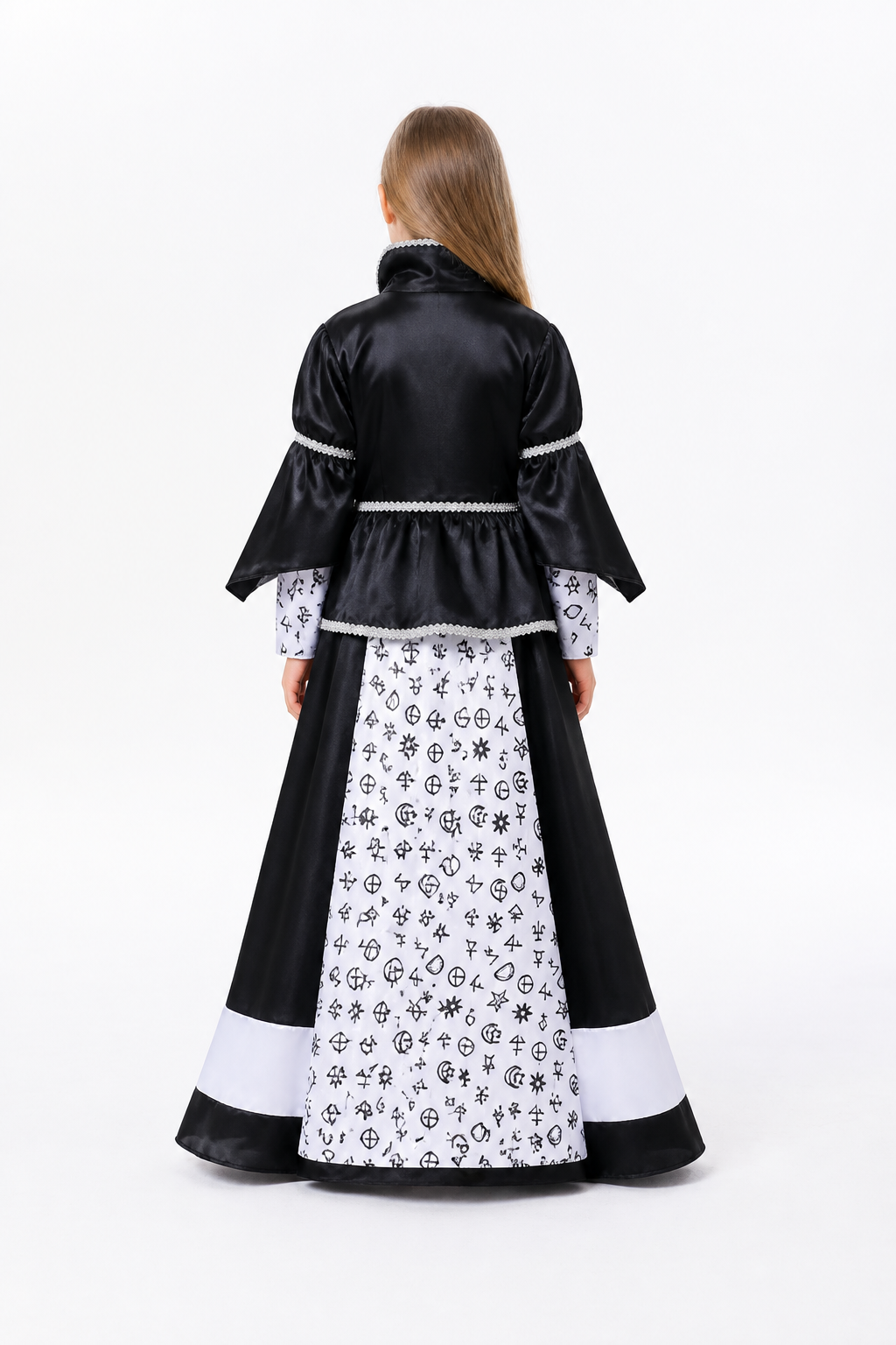 Black-and-White Witch Costume with Dress and Cape back view