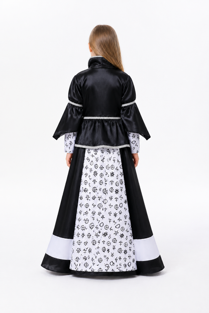 Black-and-White Witch Costume with Dress and Cape back view