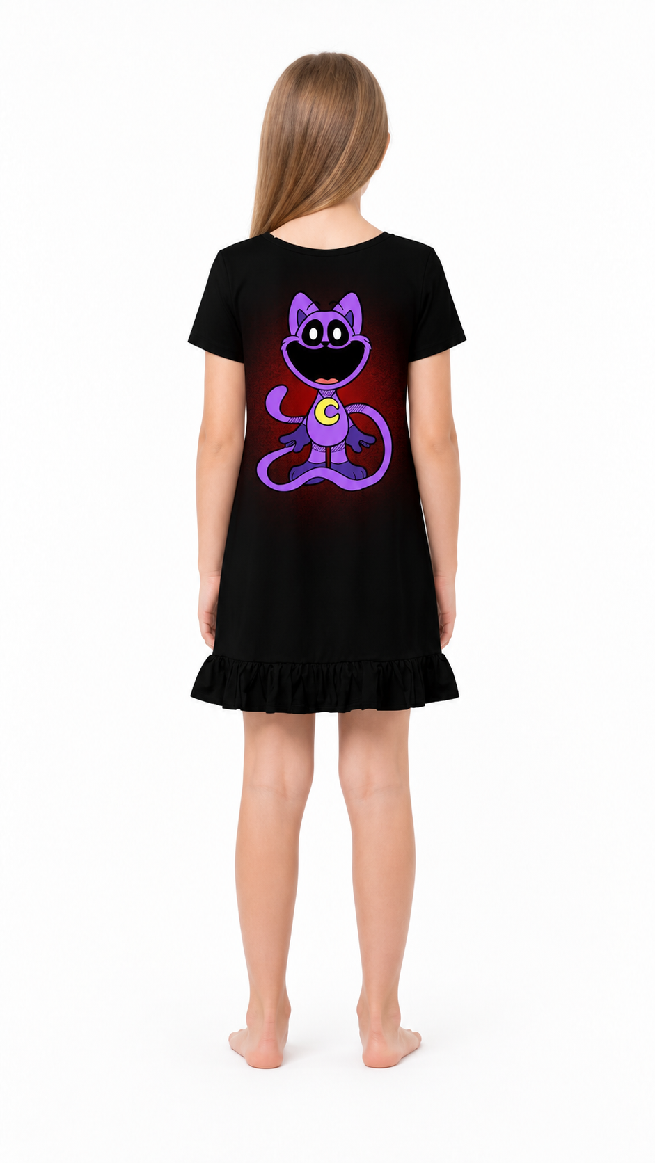Black Cosplay Dress with Cat Print and Ruffle back view