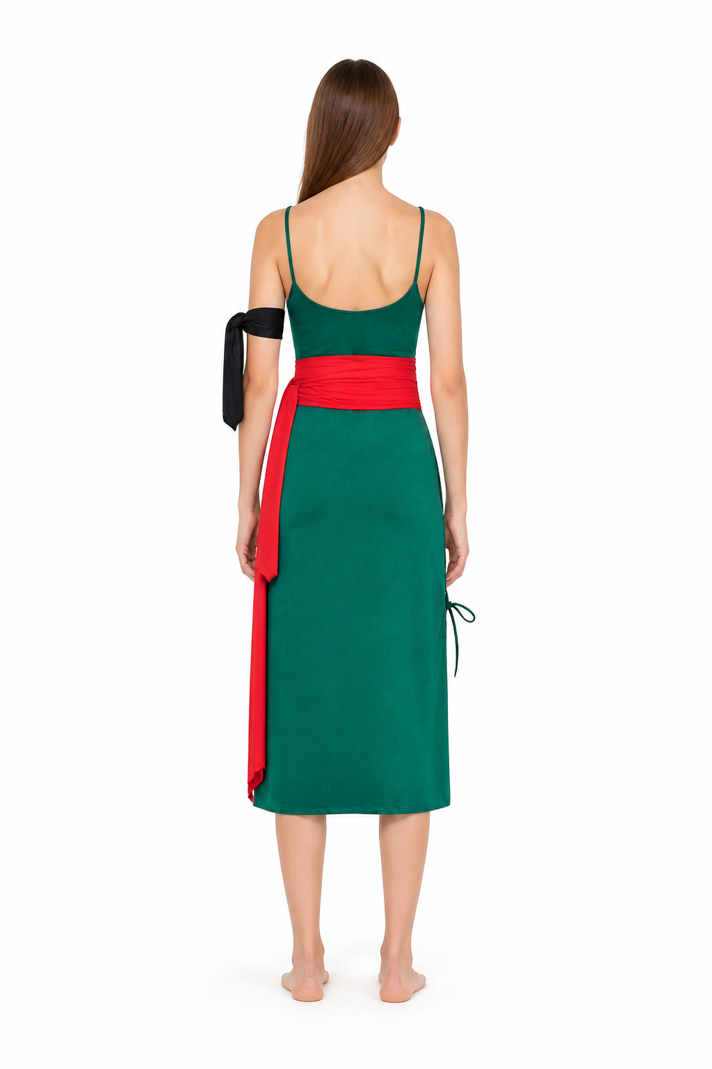 Green Sleeveless Anime Cosplay Dress with Red Belt back view