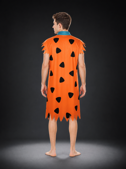 Orange Dress with Black Spots and Blue Accessory back view