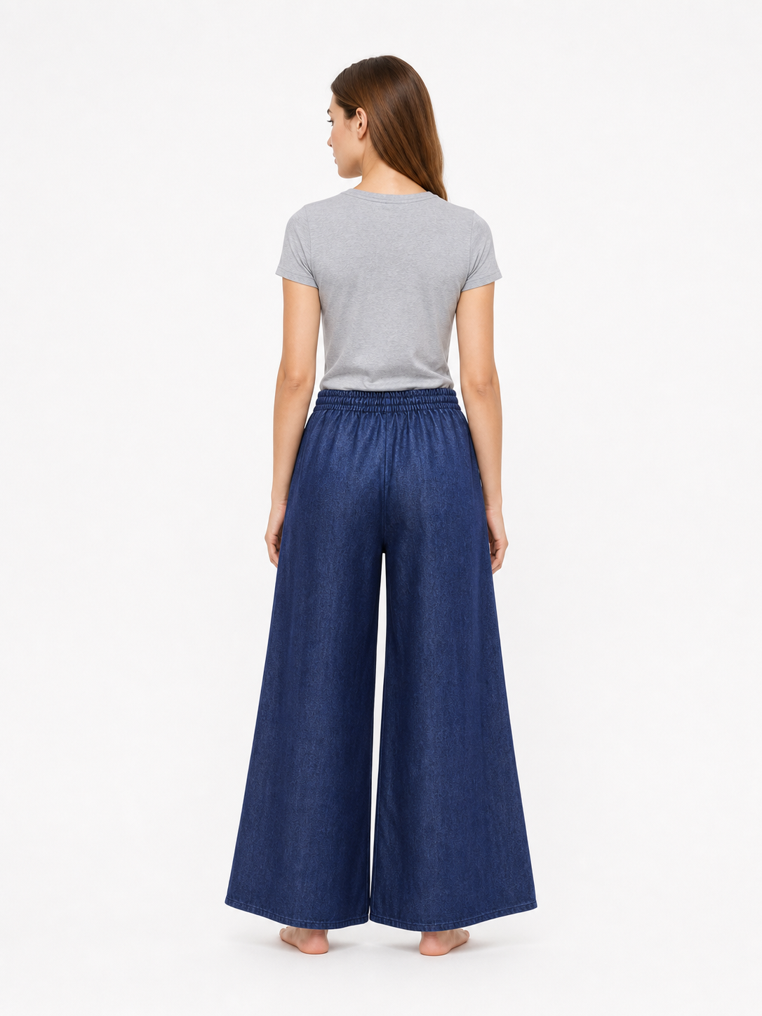 Dark Blue Palazzo Pants with an Elastic Waistband and White Drawstring back view