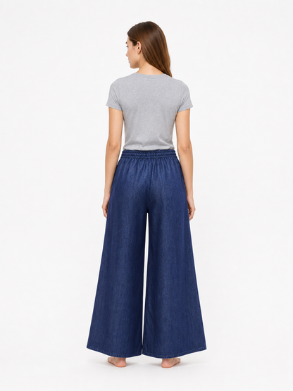 Dark Blue Palazzo Pants with an Elastic Waistband and White Drawstring back view