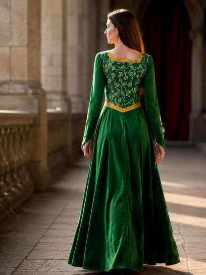 Floor-Length Velour Cosplay Dress with Gold-Tone Trim back view