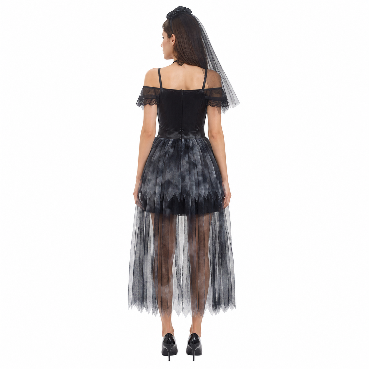 Gothic Black Dress with an Asymmetrical Skirt back view