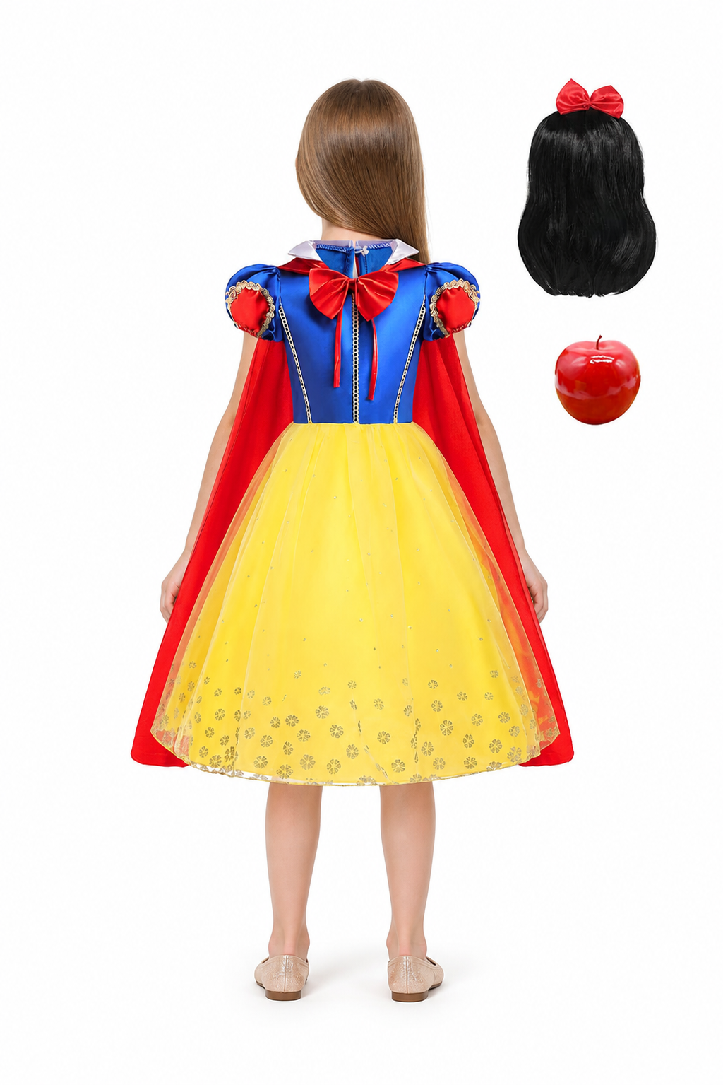 Snow White Children's Costume with Cape and Wig back view