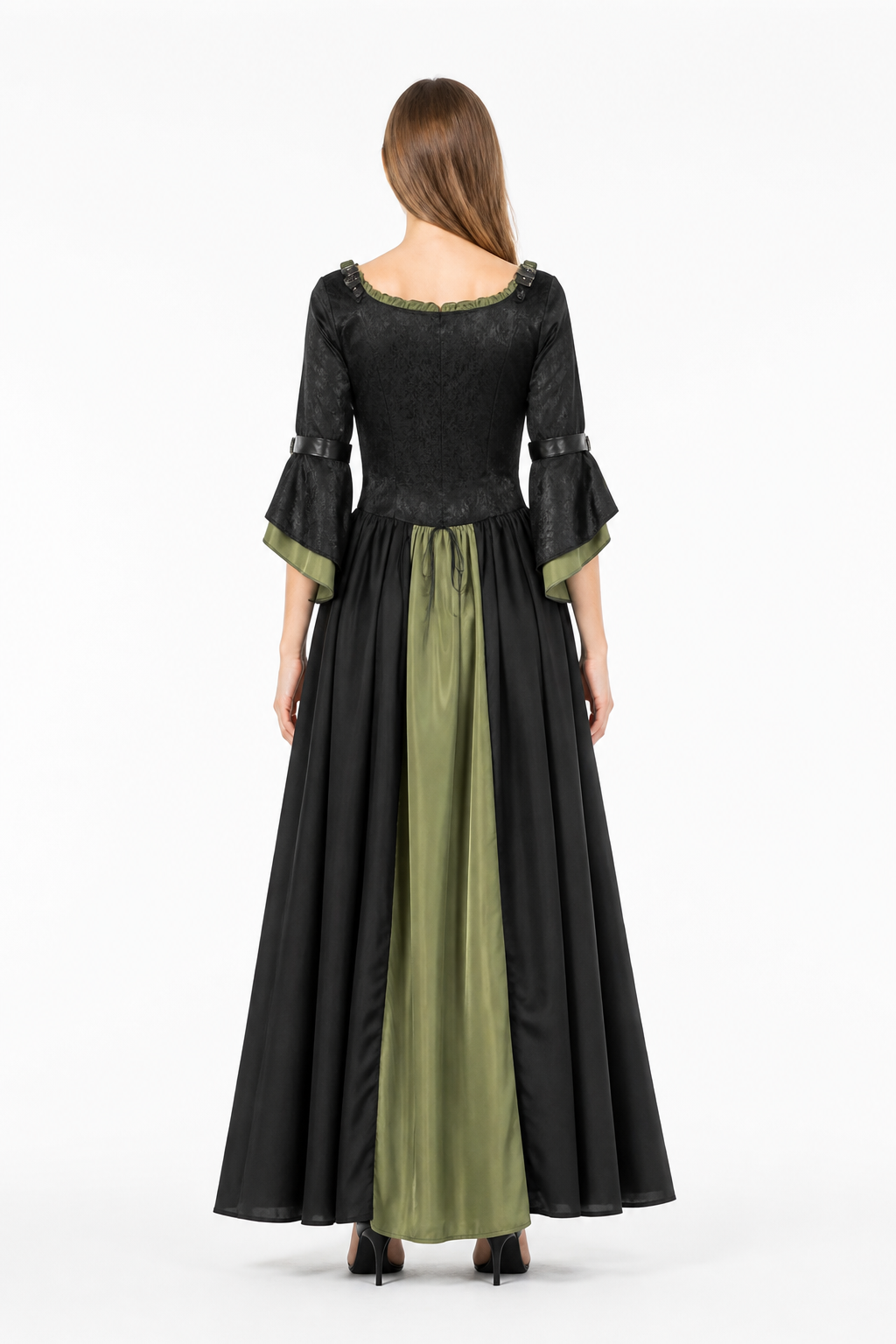 Black Witch Dress with Flared Sleeves for Halloween back view