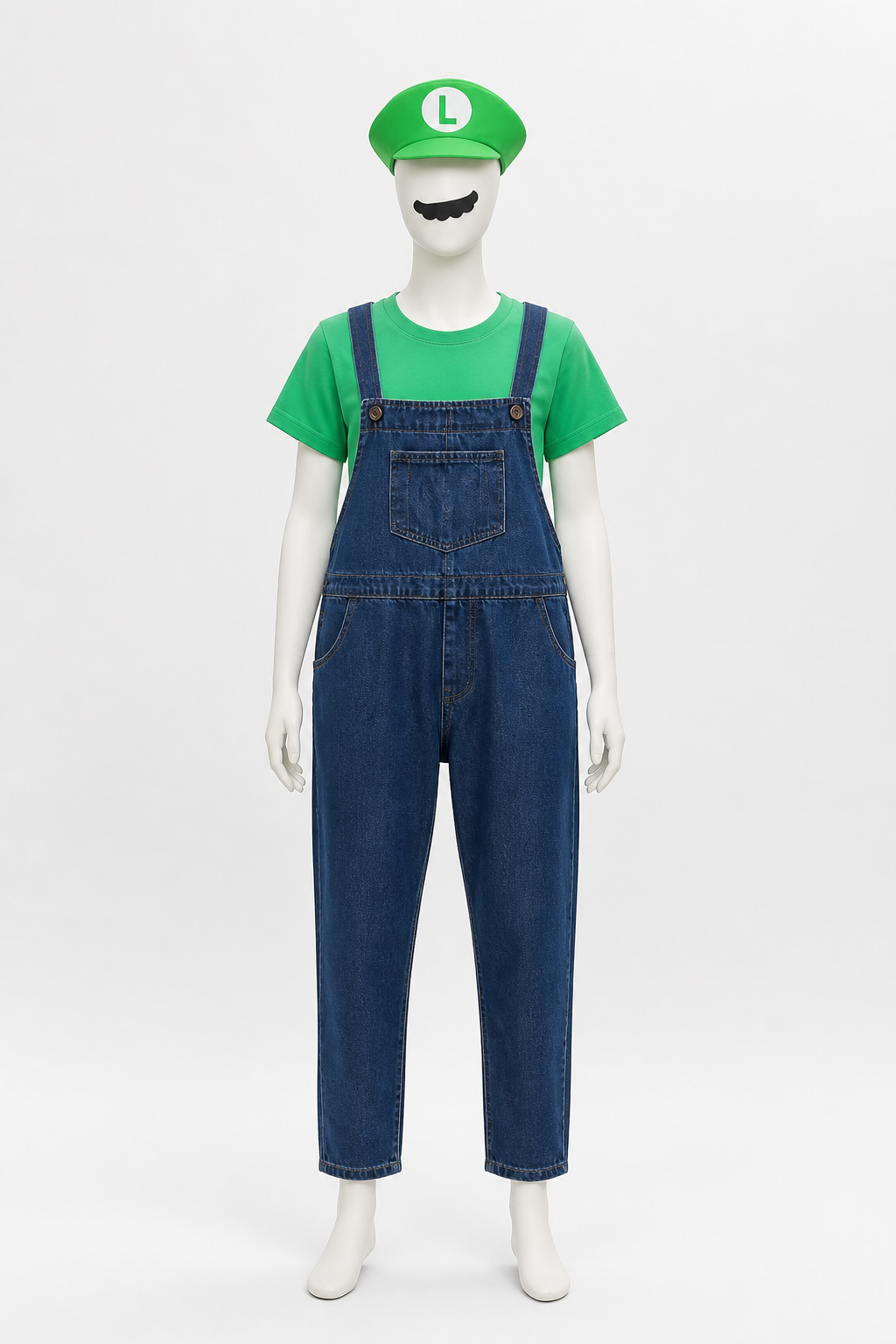 Luigi Costume: T-Shirt, Overalls, and Cap back view