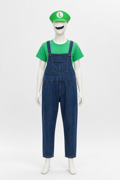 Luigi Costume: T-Shirt, Overalls, and Cap back view