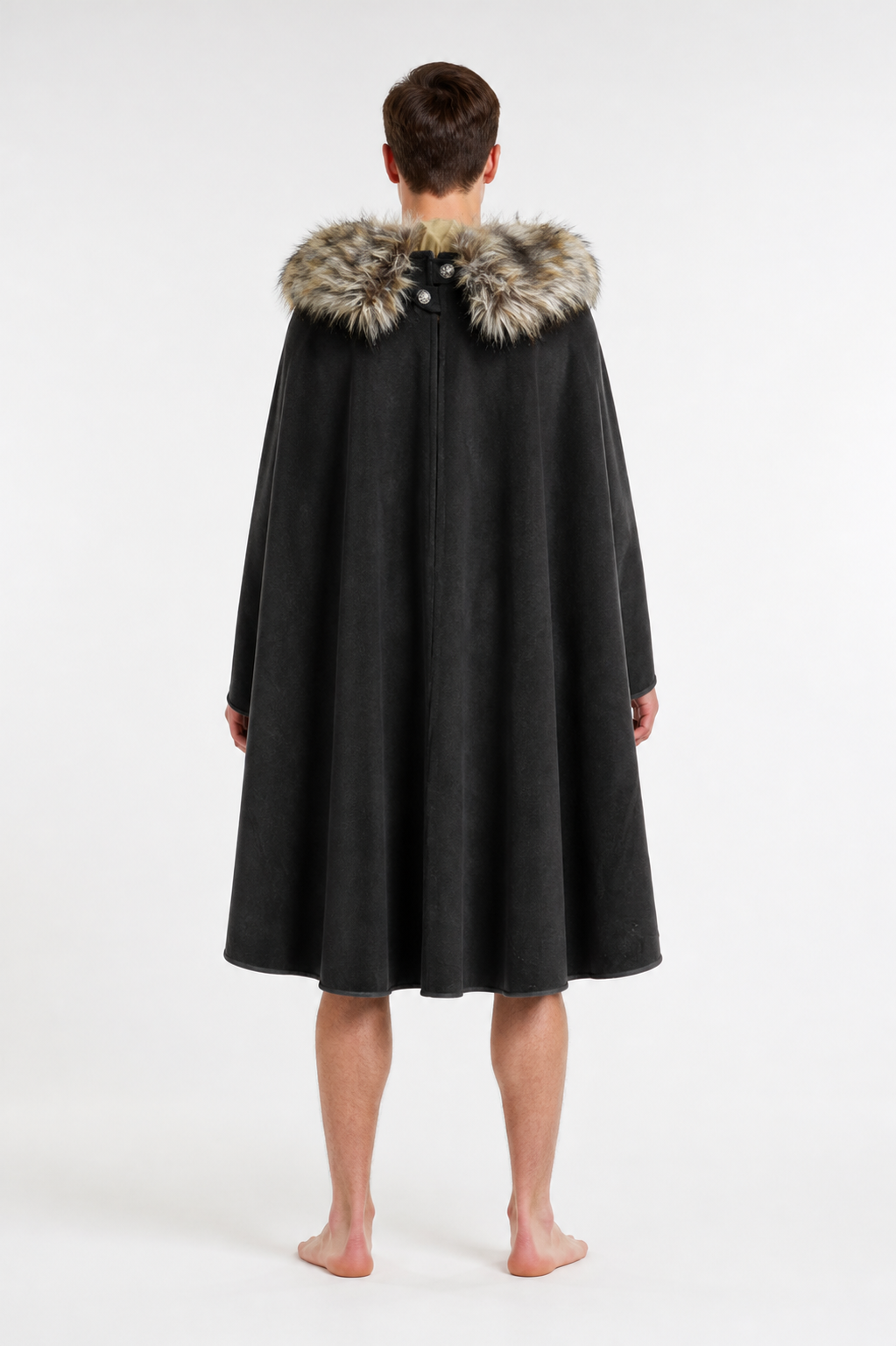 Long Black Button-Front Cloak with Fur Collar back view