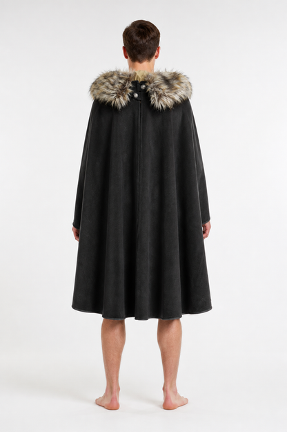 Long Black Button-Front Cloak with Fur Collar back view