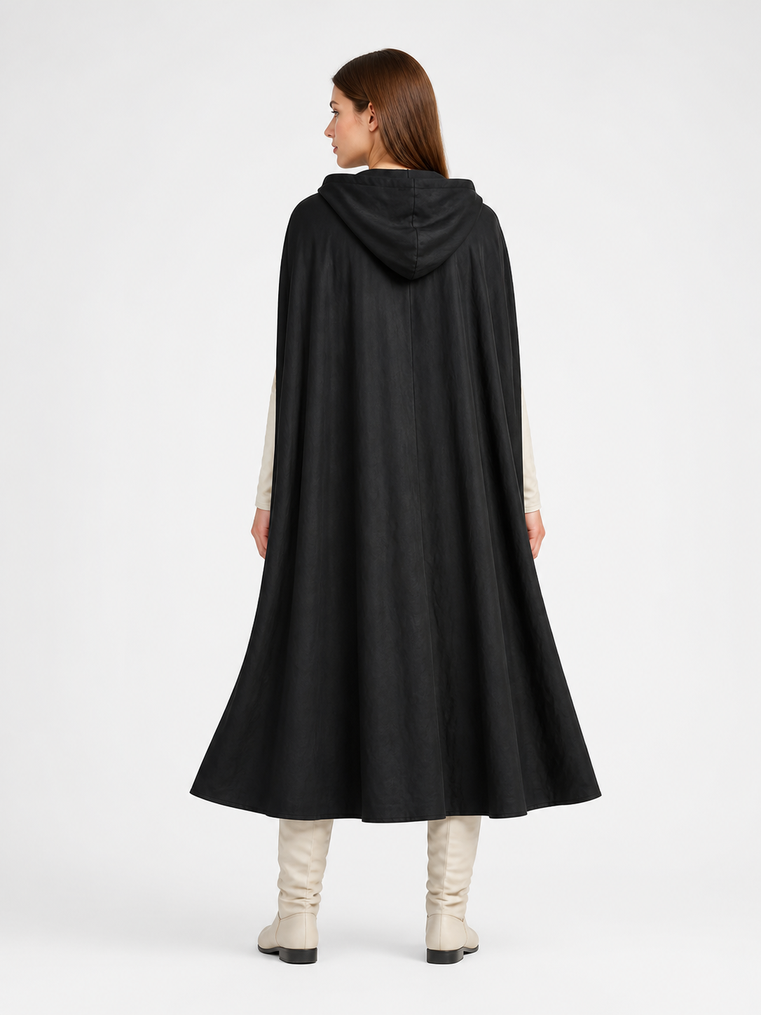 Black Long Hooded Cotton-Linen Cloak back view 4