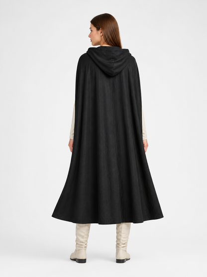 Black Long Hooded Cotton-Linen Cloak back view 4