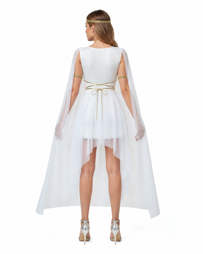 White Dress Costume with Cape and Gold Embellishments back view