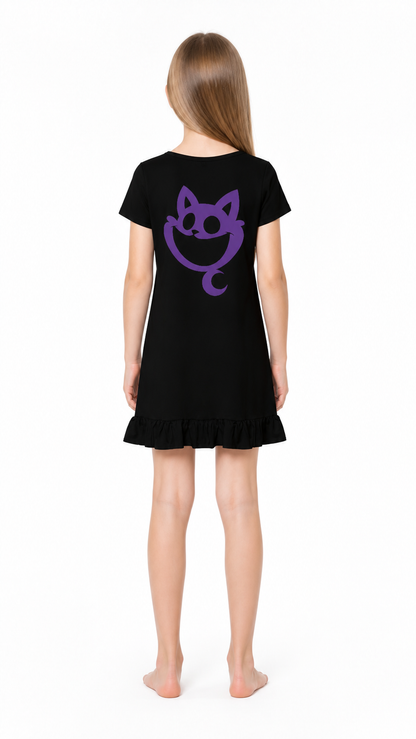 Black A-line Dress with Purple Cat and Ruffle back view