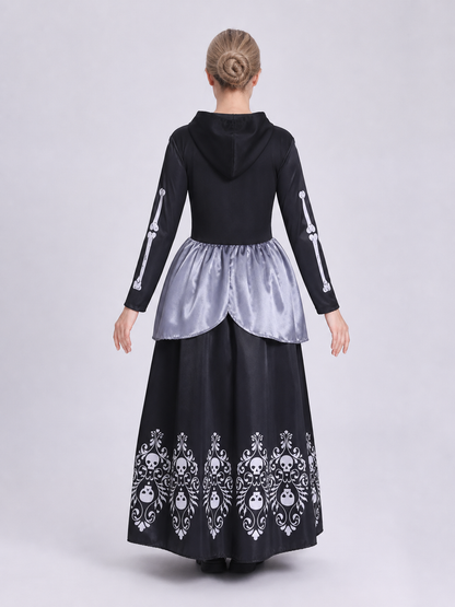 Hooded Cosplay Dress with Skeleton Print