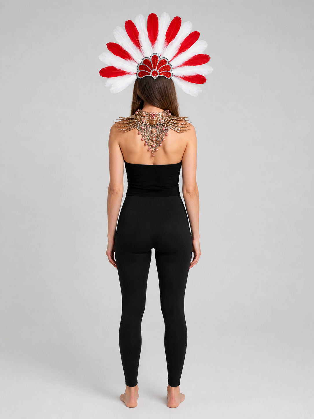Red and White Feathered Carnival Headpiece back view