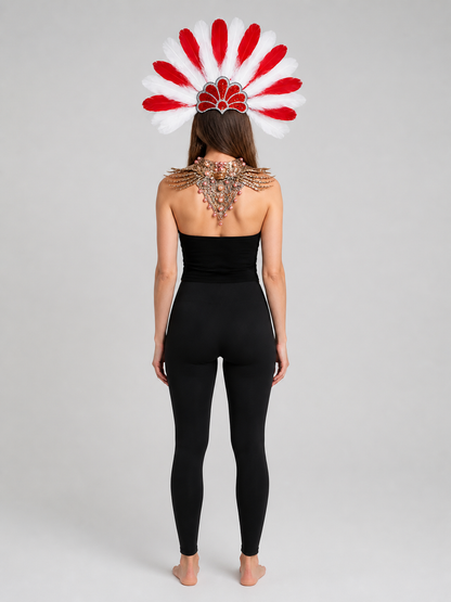 Red and White Feathered Carnival Headpiece back view