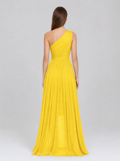 Yellow Chiffon One-Shoulder Evening Dress