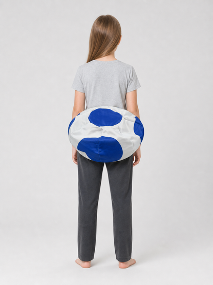 Round Blue and White Pillow with a Soccer Ball Design