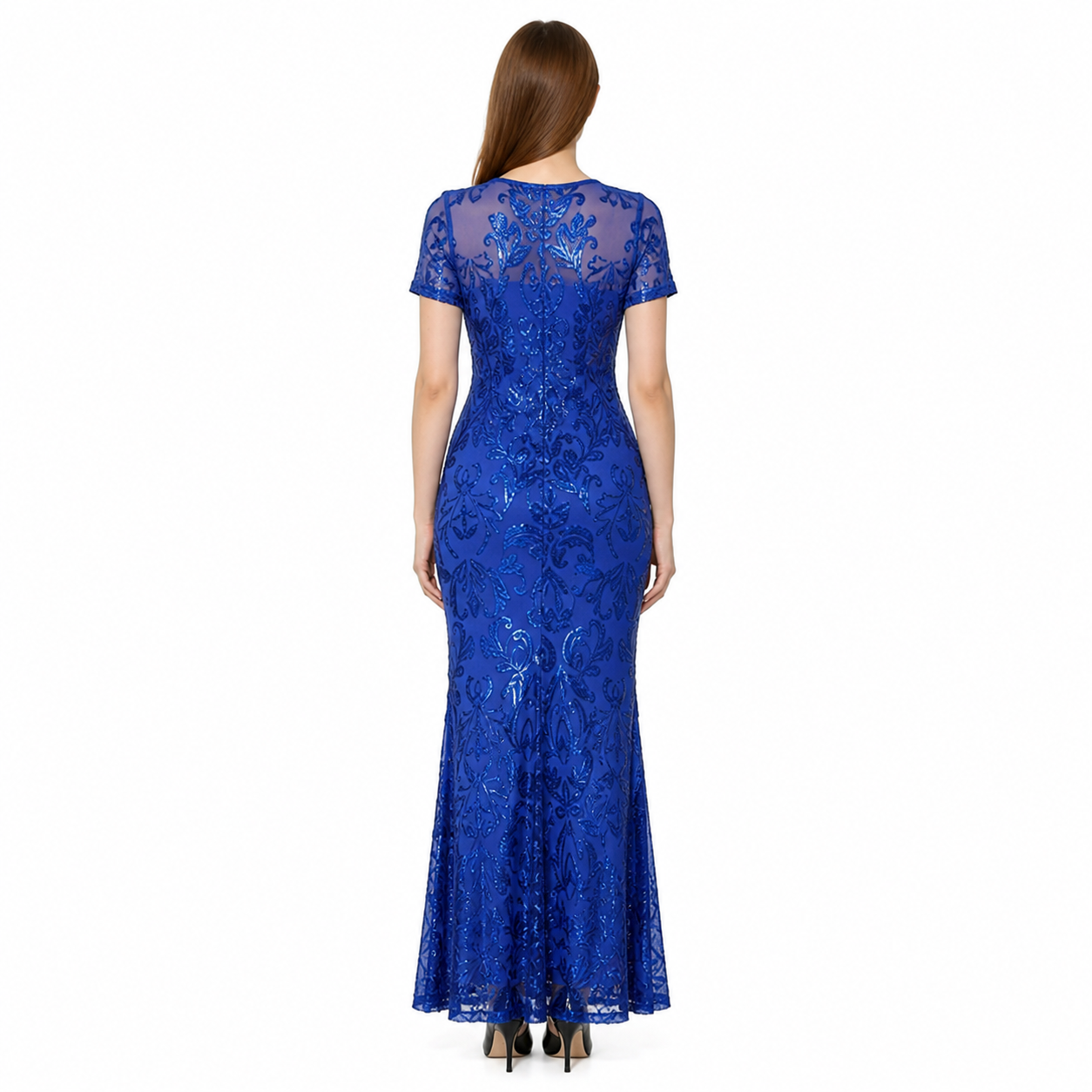 Long Blue Floral Dress with a Fitted Bodice and Flared Skirt back view