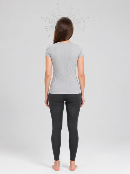 Silver halo headpiece with bead-tipped wires shown from the back on a full-body model