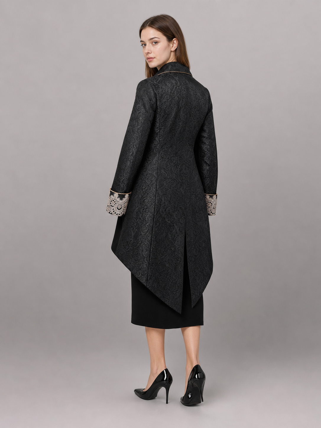 Black Long Tailcoat Jacket with Trim