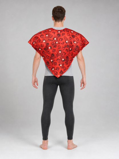 Bright heart-shaped costume with a floral print. A voluminous silhouette with a pointed lower edge and wide short sleeves that extend from the sides of the garment. The surface is decorated with an allover floral pattern reminiscent of rose