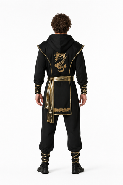Black Ninja Costume with a Golden Dragon and Hood back view