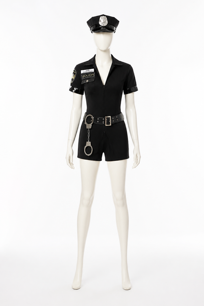 Black Police Costume with Short Sleeves and Shorts back view