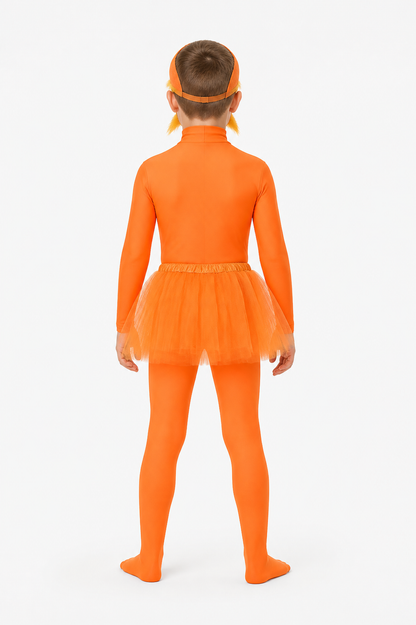 Orange Jumpsuit Costume with Skirt and Mustache for Halloween back view