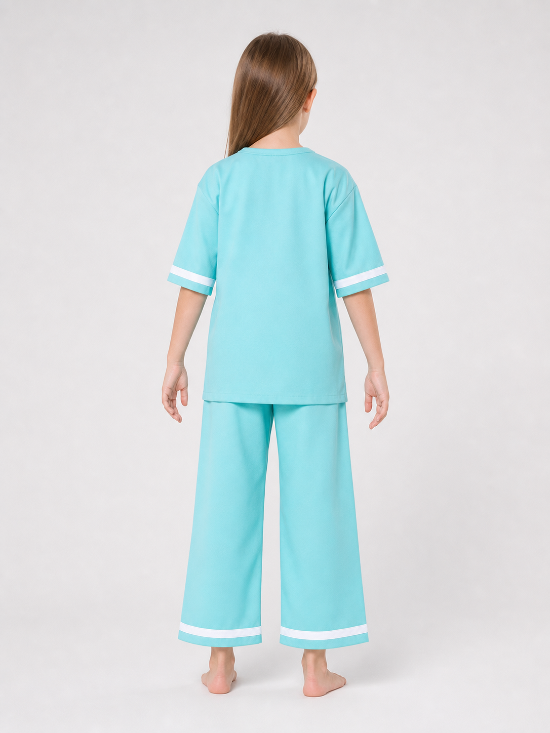 Veterinarian Medical Uniform Role-Play Costume: The set includes a short-sleeve V-neck top with a patch chest pocket and loose-fitting pants with white trim stripes along the bottom edge. The costume is light turquoise with white accents an